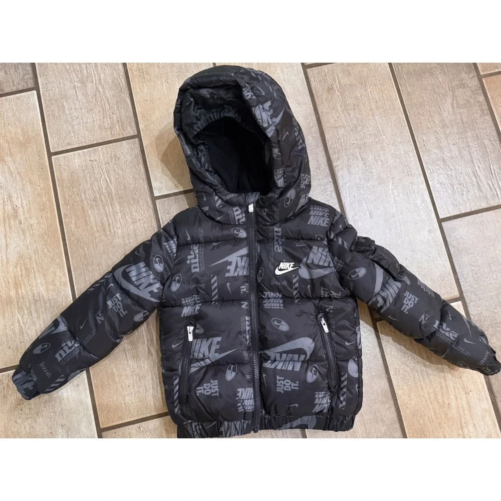 Boys Nike Puffer Full Zip Jacket Winter Coat Black 3T All Over Print